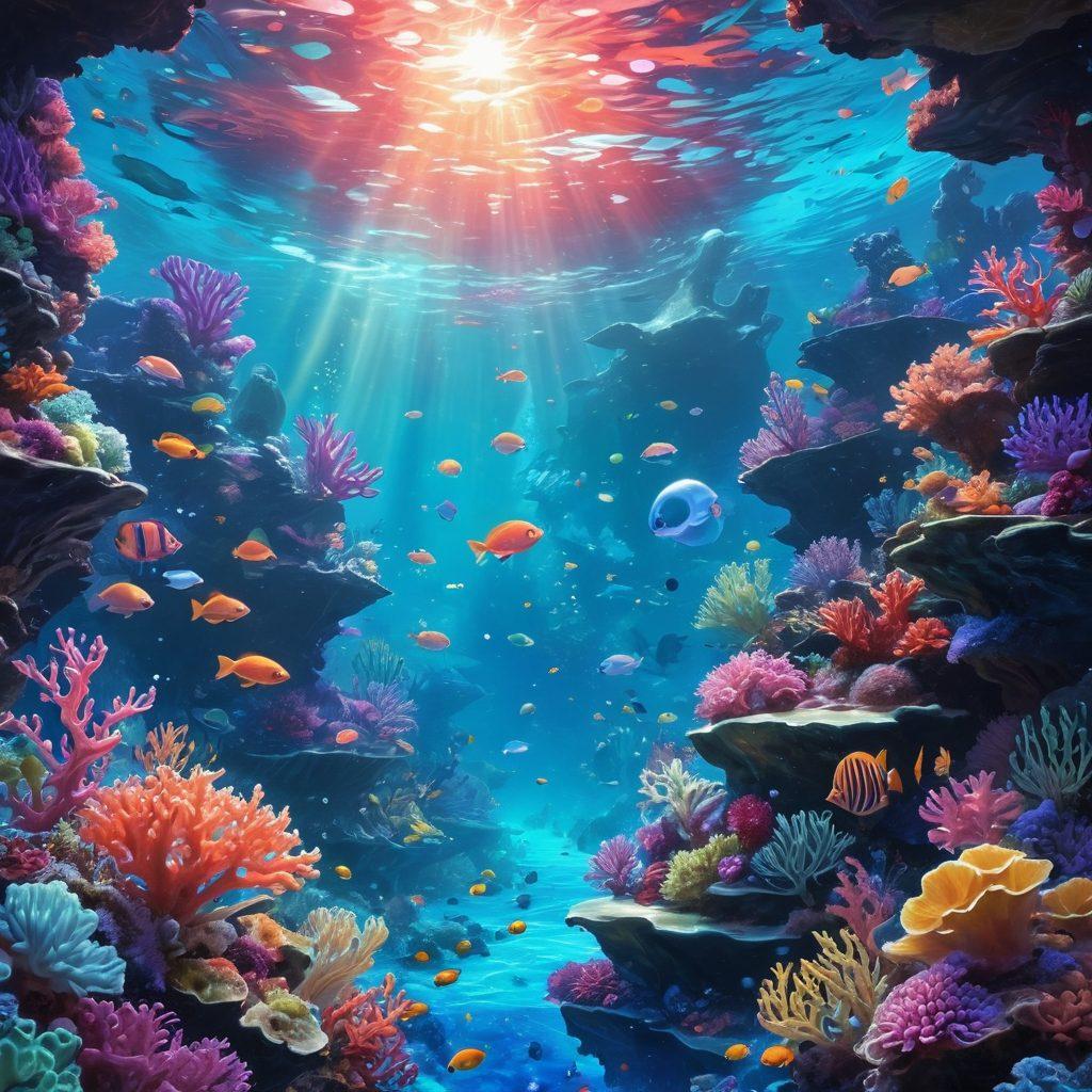 A mesmerizing landscape of an underwater anime world, featuring colorful marine life intertwined with artistic hentai imagery. In the foreground, a vibrant coral reef hosts whimsical characters, with glowing bioluminescent elements illuminating the scene. The background is filled with swirling currents and ethereal bubbles, creating a sense of depth and exploration. Use a dynamic color palette with a blend of neon hues and soft pastels. super-realistic. vibrant colors. 3D.