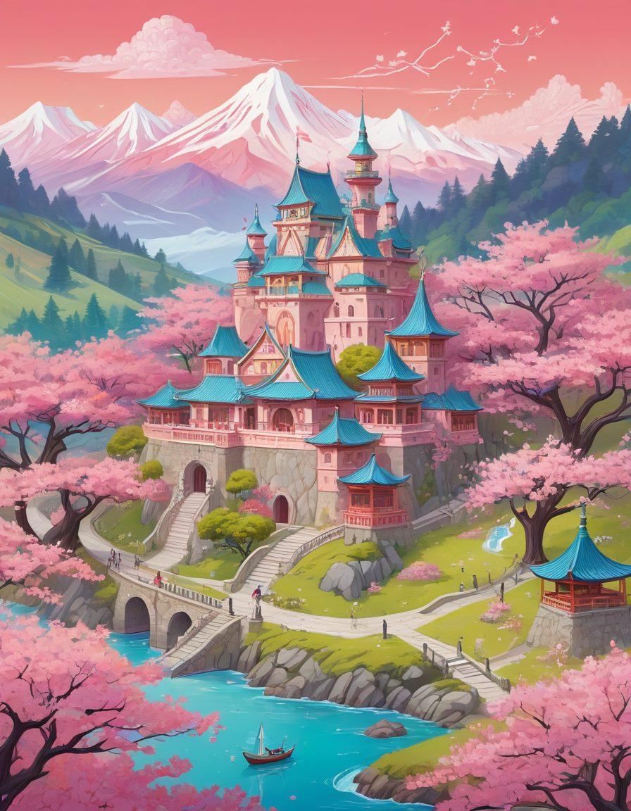 A dynamic composition featuring a whimsical map filled with various landmarks symbolizing different genres of erotic content, like a playful cartoonish cherry blossom tree, a dreamlike castle, and animated figures depicting intimacy. Soft pastel colors blend together, creating a visually appealing atmosphere, enhanced by sinuous lines and playful shapes. The map is adorned with pinpoints and arrows indicating pathways to explore specific niches within the hentai and erotic video realms. playful, colorful, fantasy art.